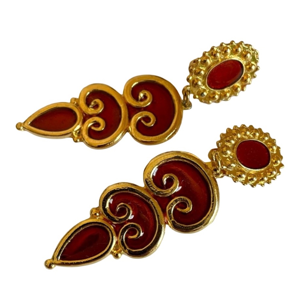 Vintage 1990s Brown Enamel And Goldtone Clip Earrings